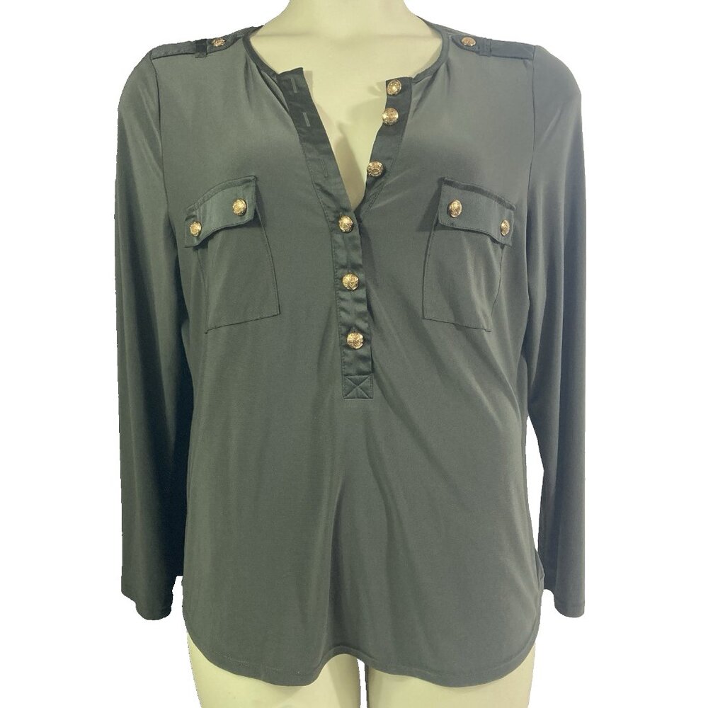 White House Black Market Collared Utility Blouse Sz XL Olive Green Lightweight